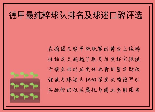 德甲最纯粹球队排名及球迷口碑评选