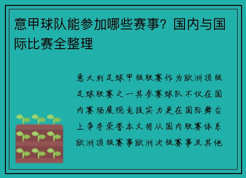 意甲球队能参加哪些赛事？国内与国际比赛全整理